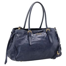 Miu Miu Tote Bag Leather 2way Navy Gold Auth fm5470V Golden Navy blue