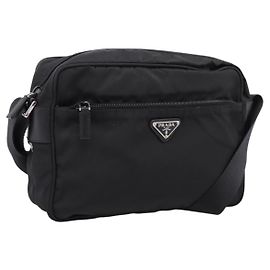 Bolso de Hombro PRADA Nylon Black Silver Auth 205066A Negro Plata