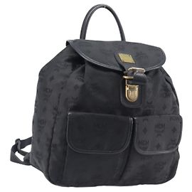 MCM Vicetos Logogram Rucksack Nylon Black Gold Auth bs37198 Schwarz Golden
