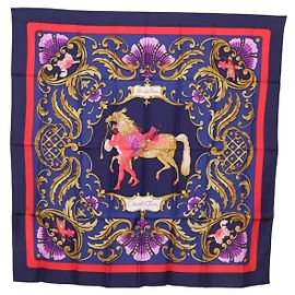Hermès Foulard HERMES Carre 90 Seta Blu Rosso "Cheval Jurc." Auth ki6866M Rosso Blu