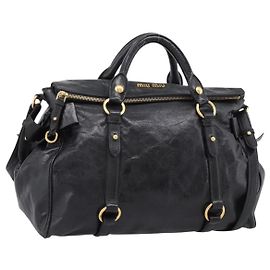 Bolsa de Mão Miu Miu Vitellolux 2way Black Gold Auth 206870V Preto Dourado