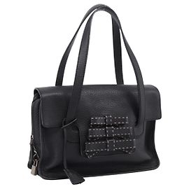 PRADA Tote Bag Leder Schwarz Silber Auth BA16052A Schwarz Silber