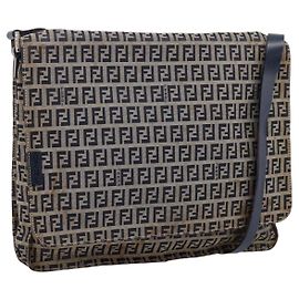 FENDI Zucchino Canvas Shoulder Bag Navy Silver Auth 207459 Silvery Navy blue