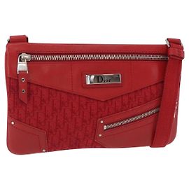Christian Dior Trotter Canvas Schultertasche Rot Silber Auth 206734V Silber Rot
