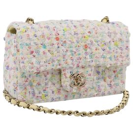 CHANEL Mini Matelasse 20 Single Flap Chain Bag Tweed White CC Auth BA15757SM Blanc Doré
