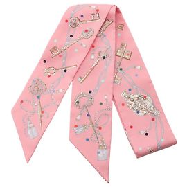 Hermès Twilly Les Cles a Pois Ribbon Scarf Rosa