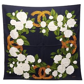 Chanel Coco Mark Camellia Seidentuch Mehrfarben Marineblau