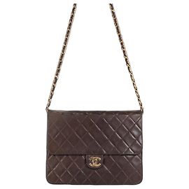 Chanel Vintage Clutch mit Kette aus gestepptem Leder Small Braun