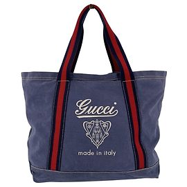 Gucci Blue Denim Canvas Web Strap Handles Crest Logo Print Large Tote Bag Blue