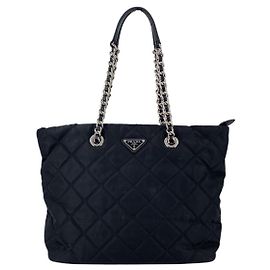Prada Vintage Black Quilted Tessuto Nylon Shopper Chain Tote Bag Black