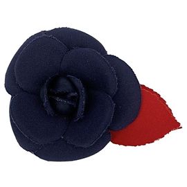 Chanel Broche de Camélia Vintage em Tecido Azul Marinho e Vermelho Azul marinho