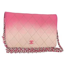 CHANEL Bolsa de ombro com corrente em couro rosa prateado CC Outro