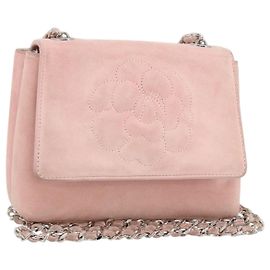 CHANEL Camellia Flap Chain Shoulder Bag Suede Pink Silver CC Altro