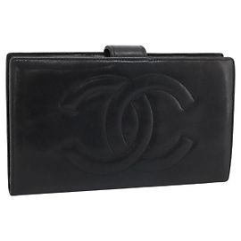 CHANEL COCO Mark Cartera Larga Cuero Negro CC Otro