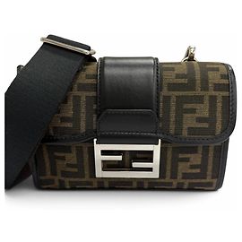 Fendi Canvas Leather Zucca Pattern Baguette Double Shoulder Bag Brown Black