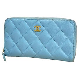 Portamonete Chanel in pelle di vitello granulata azzurro Blu chiaro
