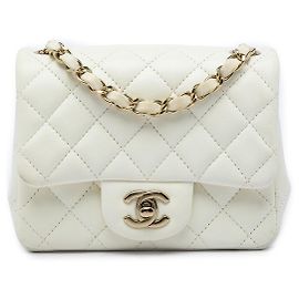 Chanel White Mini Square Classic Lambskin Single Flap Weiß