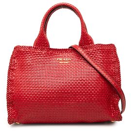 Prada Red Small Woven Goatskin Madras Satchel Red