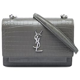 Autre Marque Saint Laurent Portafoglio Sunset Mini in pelle embossed croc grigio con catena e monogramma Marrone