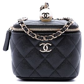 Mini Vanity Case Chanel Nero Matelassé in Pelle Caviar con Perle e Catena Nero