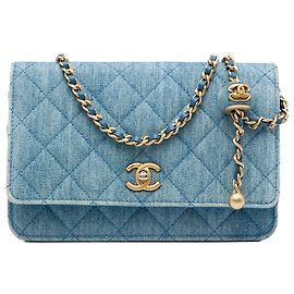 Chanel Blue CC Quilted Denim Pearl Crush Wallet On Chain Blu Altro