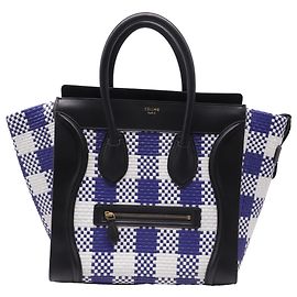 Céline Bolsa Celine Mini Luggage Plaid em couro azul e branco Multicor