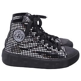 Baskets montantes Versace Greca à sequins en velours noir Noir