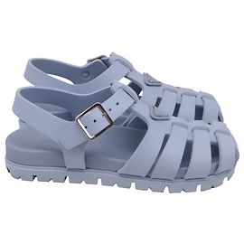 Prada Logo-Plaque Fisherman Sandals in Blue Rubber Blue