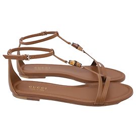Sandali T-strap Gucci con dettagli in bambù in pelle marrone Marrone Rosso