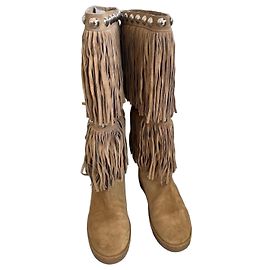 Gianmarco Lorenzi Beige suede high boots with fringes and studs Beige