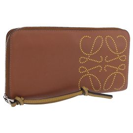LOEWE Long Wallet Leather Brown Silver Auth LN116V Brown Silvery