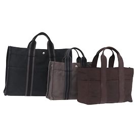 Hermès Borsa a mano HERMES Cotone Nylon Set da 3 Marrone Grigio Auth bs37446 Marrone