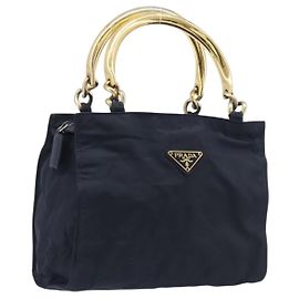 PRADA Handtasche mit Metallgriff Nylon Navy Gold Auth 207805A Golden Marineblau