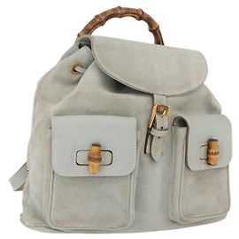 Mochila GUCCI Bamboo em couro azul claro e dourado 003 2058 0016 Auth 206231 Dourado Azul claro