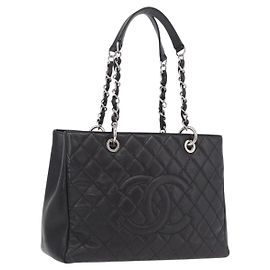 Saco Tote CHANEL Matelasse com Corrente em Couro Caviar Preto Prata CC Auth BA15924SAM Preto Prata