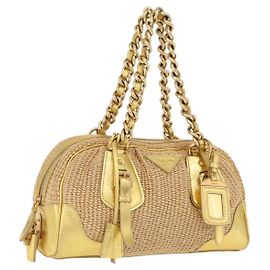 Bolsa de mão com corrente PRADA em ráfia bege tom dourado BL0352 Auth am12833M Bege Outro