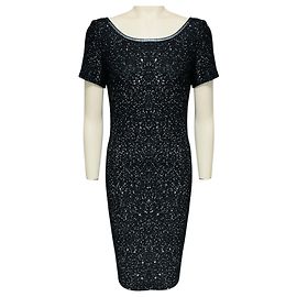 Autre Marque St. John Blue / Black / Silver Metallic Sequined Short Sleeved Knit Dress Metallic
