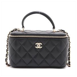 Chanel Vanity Case Small Lambskin Leather Quilted with Chain Handbag Black Black