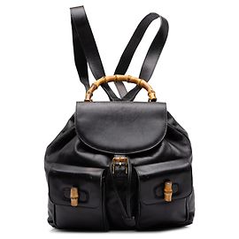Mochila Gucci Large de piel de becerro negra con cordón y bambú Negro