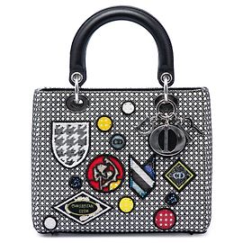 Borsa Lady Dior Satchel in pelle di vitello nera, taglia Medium, con inserti in mesh Microcannage Nero