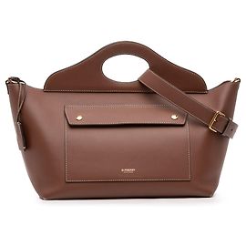 Bolsa Satchel Burberry Medium em couro de bezerro macio com bolso, Castanho Marrom