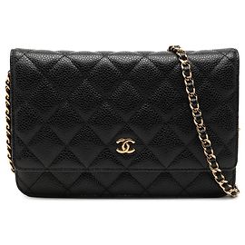 Bolsa Crossbody Chanel CC Quilted Caviar Wallet on Chain Preta Preto