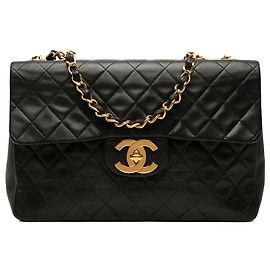 Bolsa de Ombro Chanel Maxi XL Classic Single Flap em pele de cordeiro preta Preto