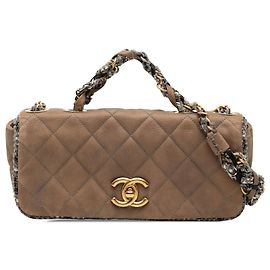 Borsa a tracolla Chanel Small Quilted in pelle d'agnello e tweed marrone con catena Marrone