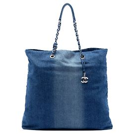 Borsa Shopping in Denim Stampato Blu Chanel Blu