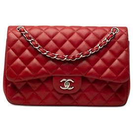 Bolsa de Ombro Chanel Jumbo Classic Double Flap em pele de cordeiro vermelha Vermelho