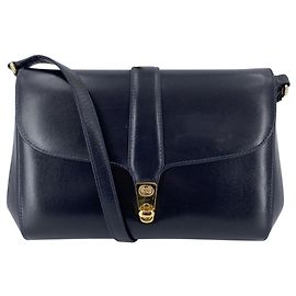Gucci Borsa a tracolla vintage in pelle blu navy con chiusura a stemma Blu navy