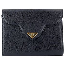 Yves Saint Laurent Vintage Black Grained Leather Envelope Clutch Bag Black
