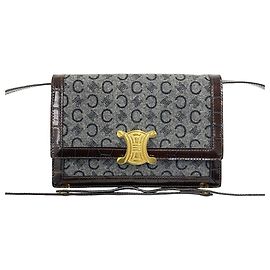 Céline Celine Vintage C Macadam Pattern Blazon Wool Leather Shoulder Bag Brown