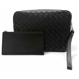 Bottega Veneta Leather Intrecciato Clutch Bag with Pouch Black
